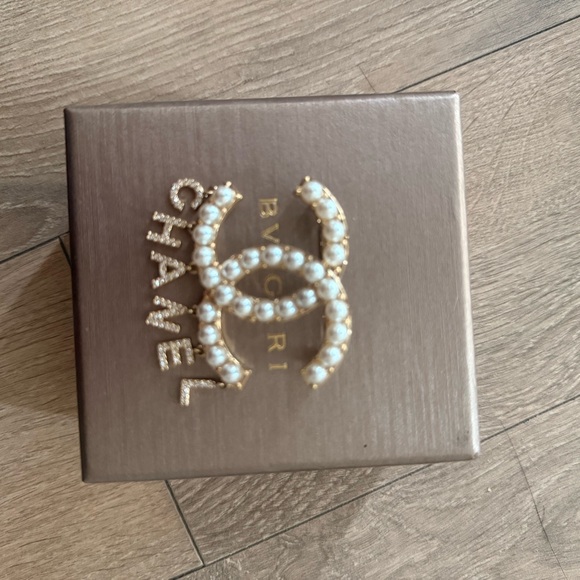 CHANEL Accessories - CHANEL Gold and Pearl Logo Brooch
